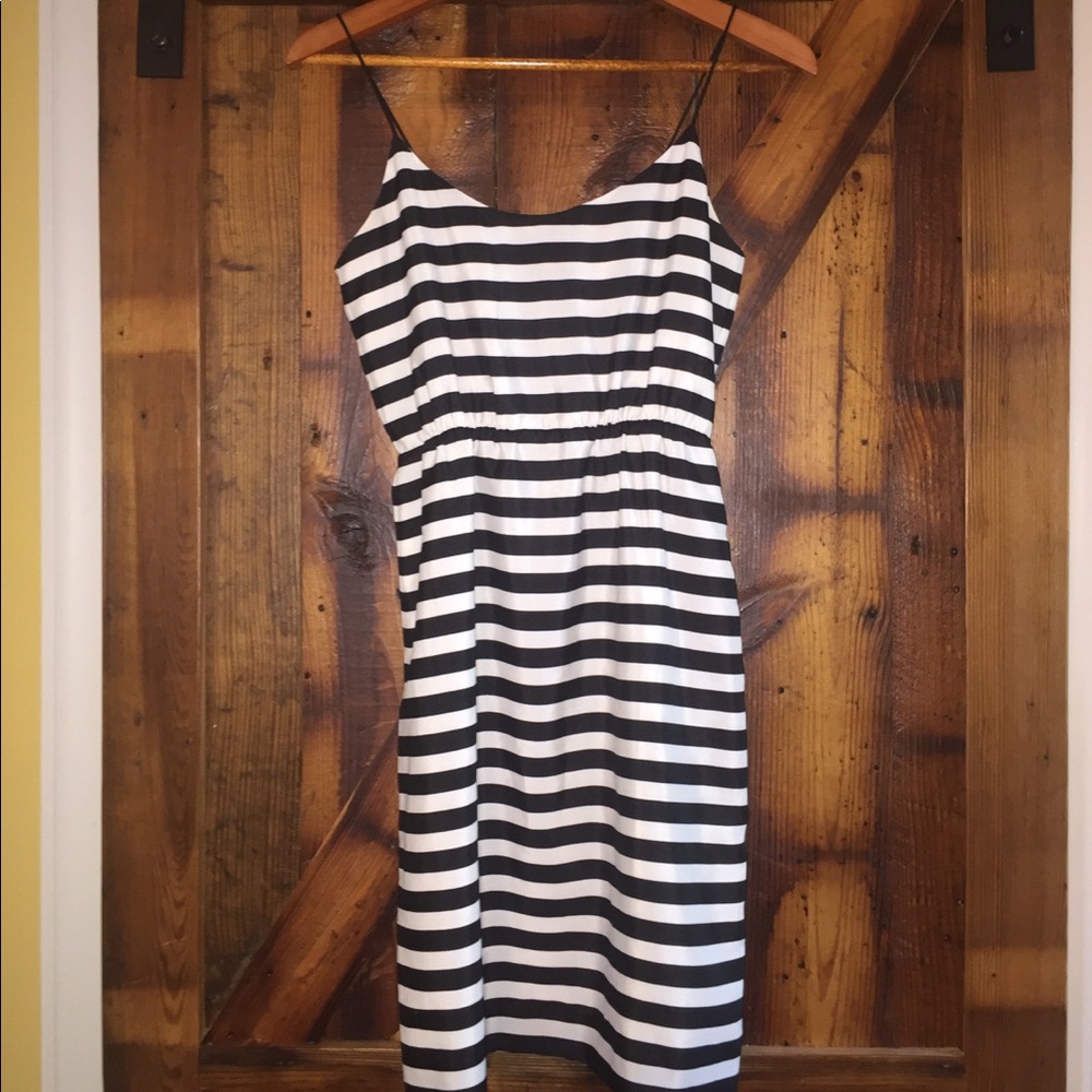 J. Crew Black & White Silk Stripe Blouson Dress